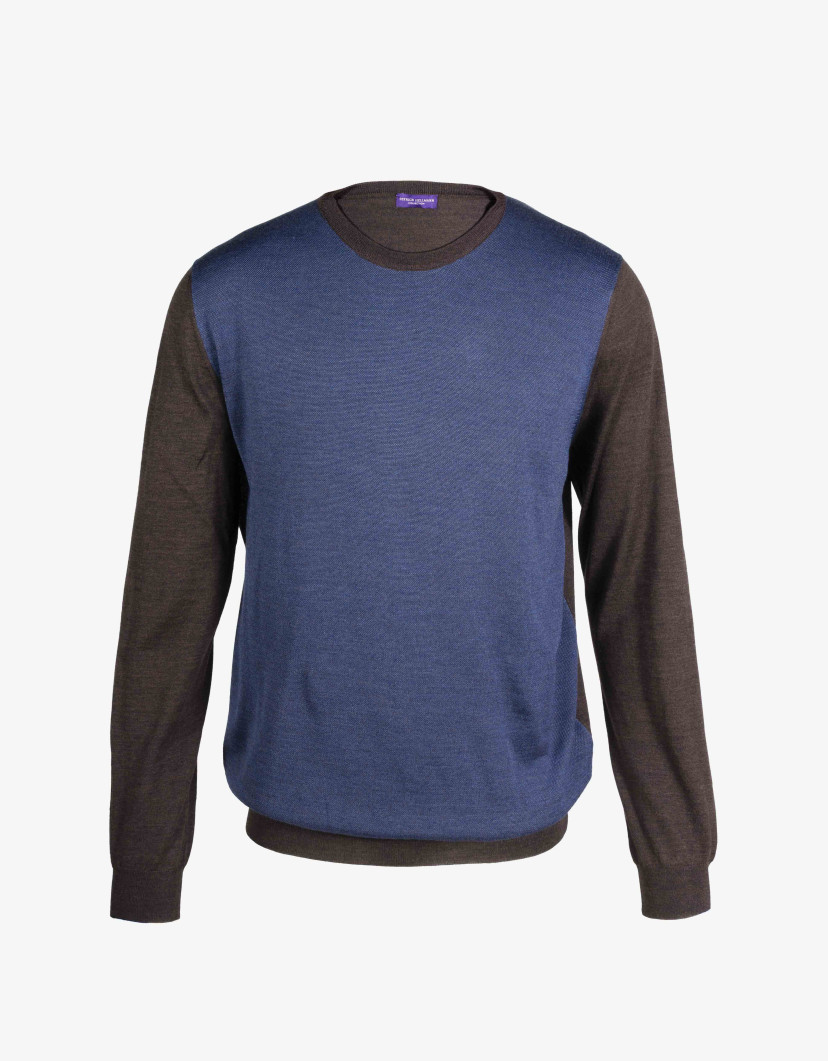Patrick Hellmann Collection Blue Sweater Pullover Round Neck With Brown Sleeves image